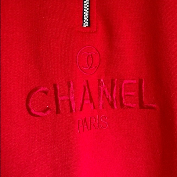 Rare Vintage 90s Bootleg- Chanel Paris Pullover Half Zip Sweatshirt Red - Picture 4 of 4